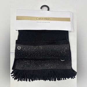 CALVIN KLEIN Womens One Size Soft Black Rhinestone Bling Hat W Scarf Set NWT